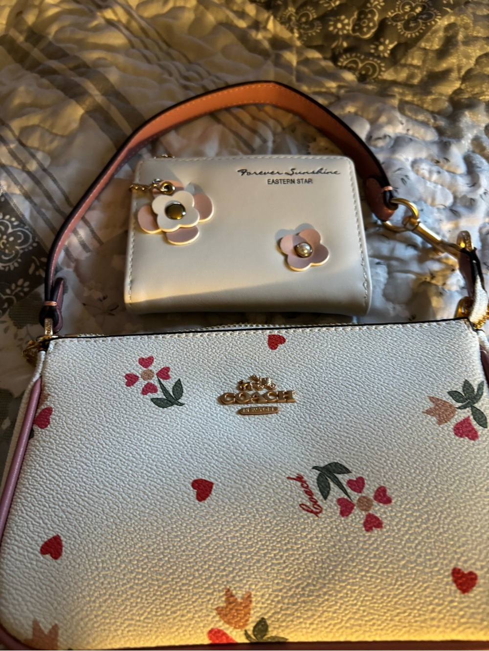 Coach Cream Mini Shoulder Bag with Pink Trim and Floral Accents
